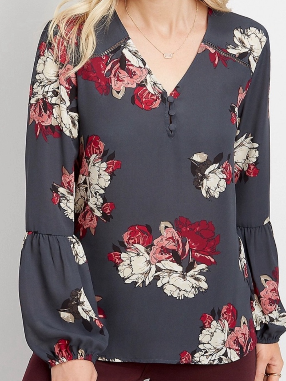 Maurices Charcoal Floral V-Neck Blouse with Red & Cream Blooms